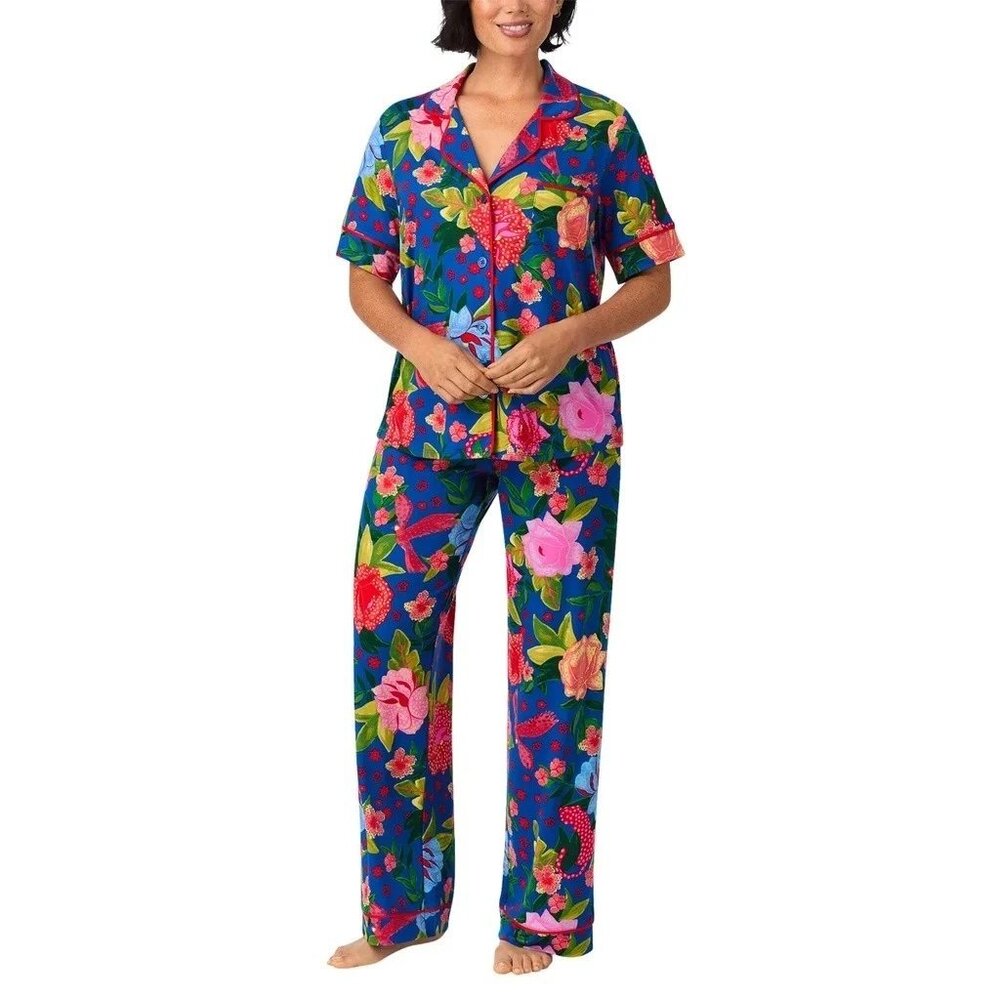 NEW Room Service Notch Collar Pajamas NWT S Short Sleeve Top Pants Blue Floral